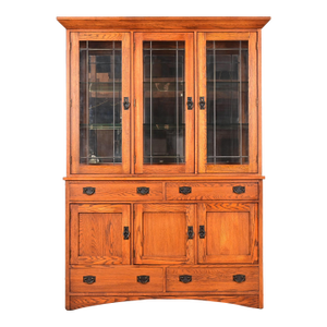 Thomasville Mission Oak Arts & Crafts Lighted Breakfront Bookcase or Display Cabinet With Leaded Glass Doors