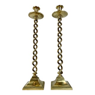 Pair of Nineteenth Century English Brass Open Barley Twist Candlesticks-21" Tall For Sale