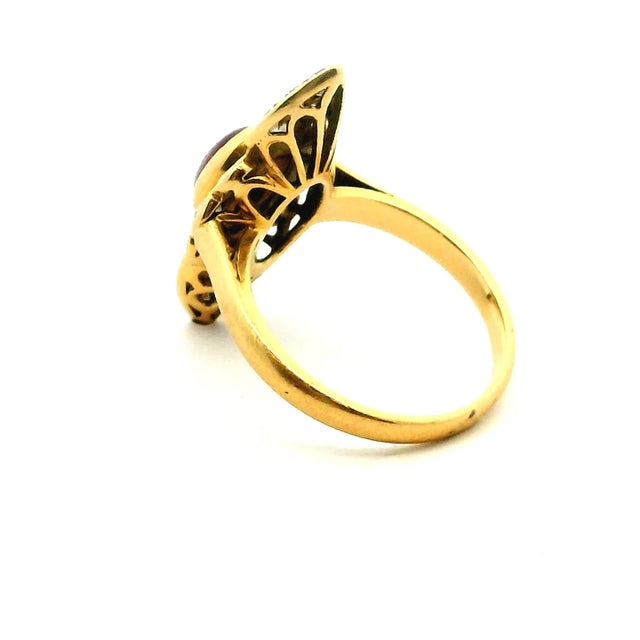 Metal French 1980s Ruby & Diamond Navette Ring in 18k Yellow Gold, Size 6.5 For Sale - Image 7 of 11
