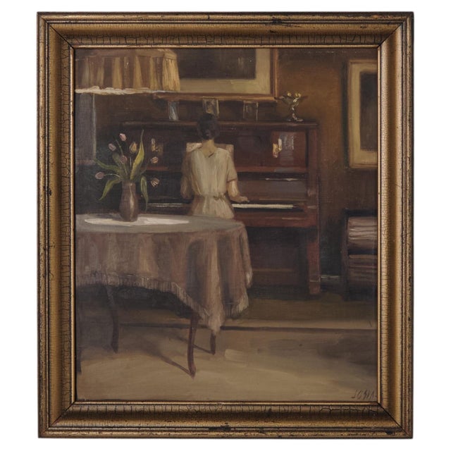 Interior Painting Lady at the Piano in Gilt Frame from the 1930s For Sale - Image 8 of 8