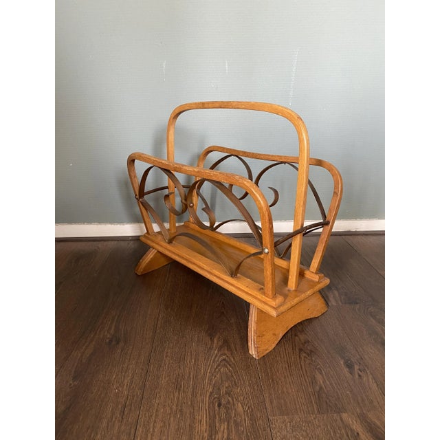 Mid-Century Modern Vintage Wood and Brass Magazine Rack, 1930s For Sale - Image 3 of 8