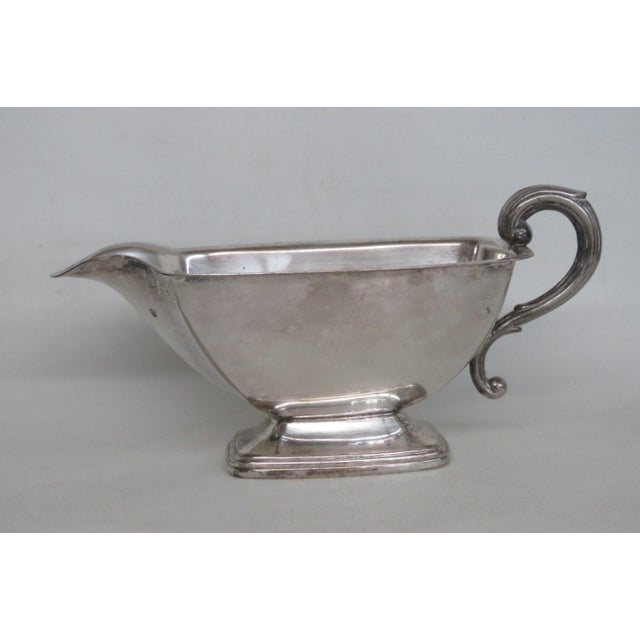 Traditional Mid 20th Century Metal Gravy Boat Silver Plated Sauce Serving Dish With Scrollwork Handle For Sale - Image 3 of 15
