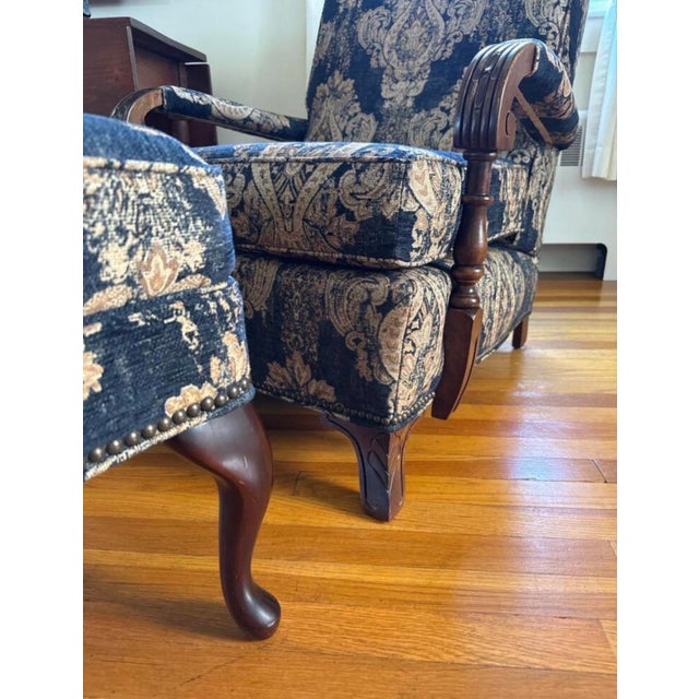 Queen Anne Late 20th Century Traditional Blue & Khaki Damask Armchair and Matching Footstool Set For Sale - Image 3 of 3
