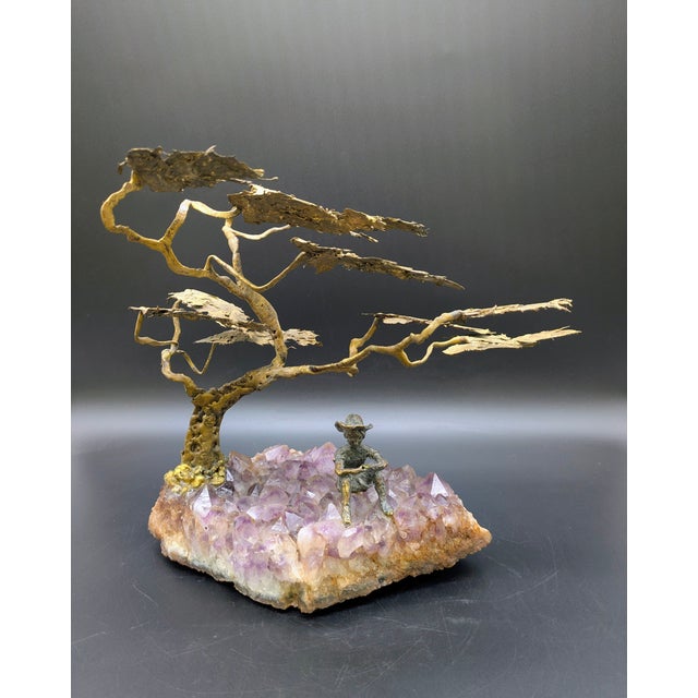 1970s Vintage Bronze & Amethyst Sculpture: Boy Sitting Under Tree For Sale - Image 5 of 10