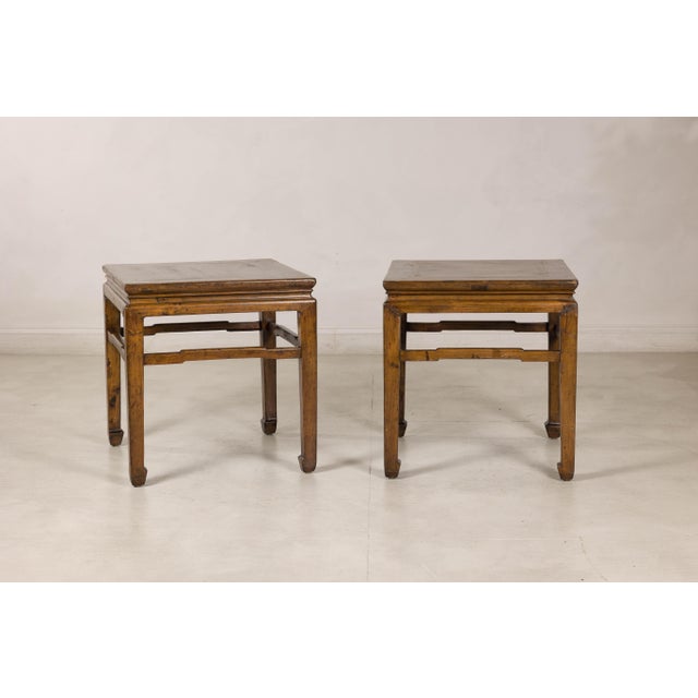 Late 20th Century Pair of Vintage Chinese Hardwood Side Tables with Humpback Stretchers For Sale - Image 5 of 12