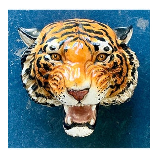 Vintage Boho Glazed Ceramic Wall Tiger For Sale