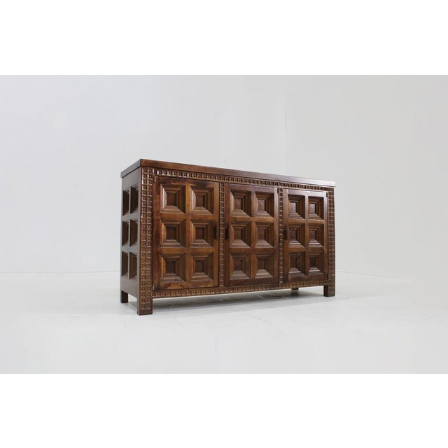Vintage Spanish Brutalist Sideboard in solid walnut wood from the 1960s. Beautifully designed with graphical squared wood...
