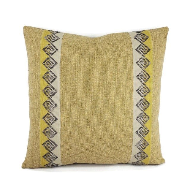 Textile Yellow and Tan Mini Herringbone Embellished With Gray and Gold Fretwork Trim Pillow Cover with Kelly Wearstler Trim For Sale - Image 7 of 7