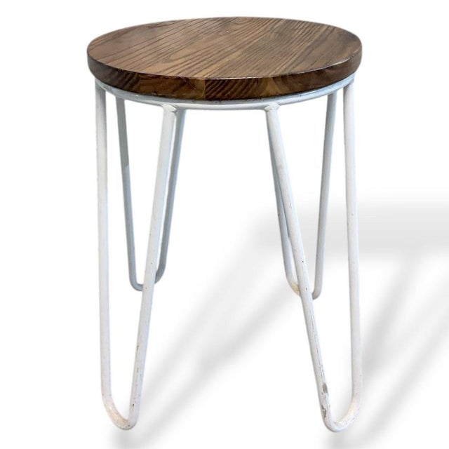 Industrial Vintage Elm Bar Stool with White Hairpin Legs For Sale - Image 3 of 8