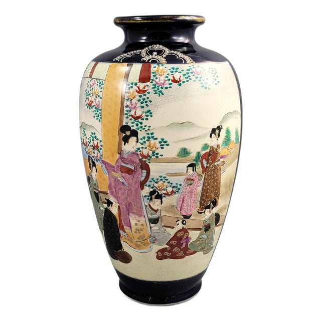 Satsuma Cobalt-Ground Moriage Vase with Court Scenes, Japan, 1890-1910 For Sale