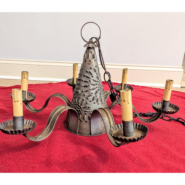 Vintage Hand-Punched Tin Witch's Hat 6-Arm Chandelier – By Irvin's Country Tinware For Sale - Image 4 of 18
