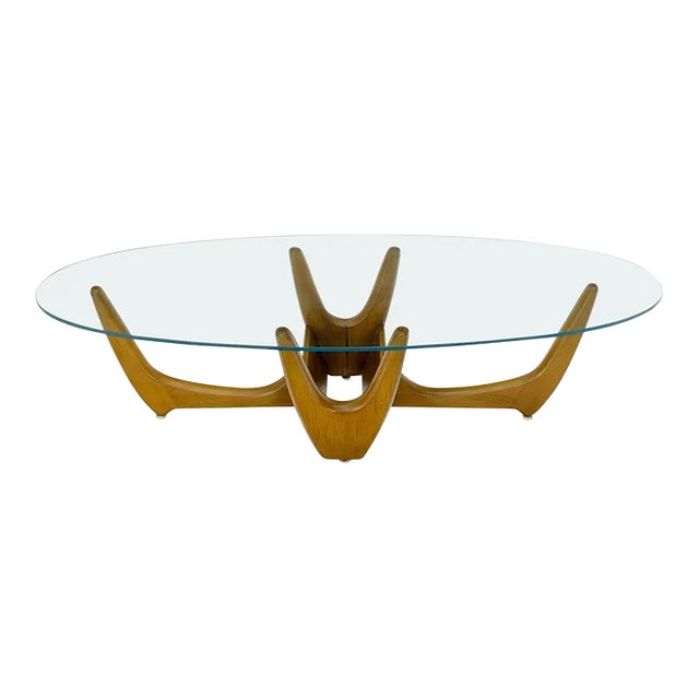 Large Oval Glass Top Solid Carved Wood Coffee Table For Sale