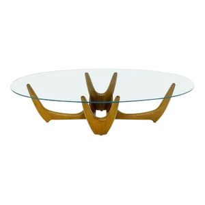 Large Oval Glass Top Solid Carved Wood Coffee Table