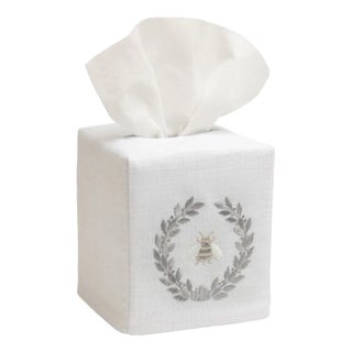 Pewter Napoleon Bee Wreath Tissue Box Cover in White Linen & Cotton, Embroidered For Sale