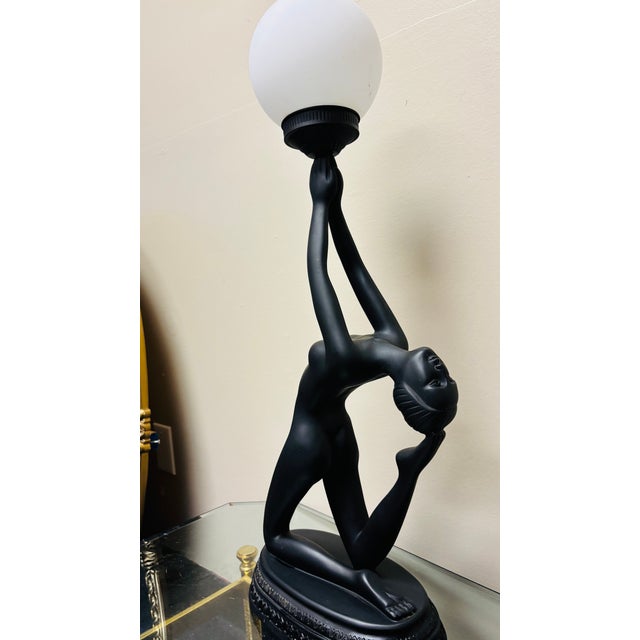Black Elegant Art Deco Style Black Women Figural Table Lamp With Frosted Globe Shade Hollywood Regency For Sale - Image 8 of 9