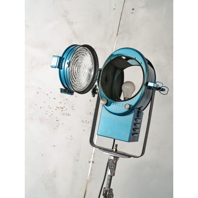 Blue Fresnel Theater Spotlight Floor Lamp on Matching Steel Tripod from A.E. Cremer, Paris, 1950s For Sale - Image 9 of 18