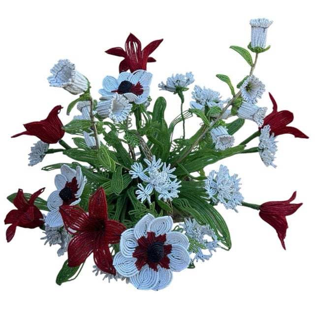 Vintage French Imortelle Glass Beaded Memorial Basket Bouquet For Sale - Image 10 of 12