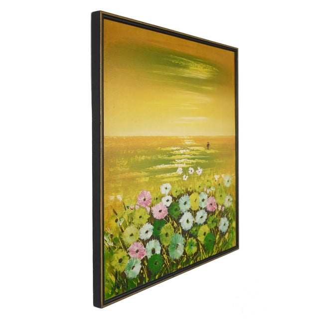 Mid-Century Modern Vintage 1970s Lovers in the Flower Field Landscape Painting For Sale - Image 3 of 11