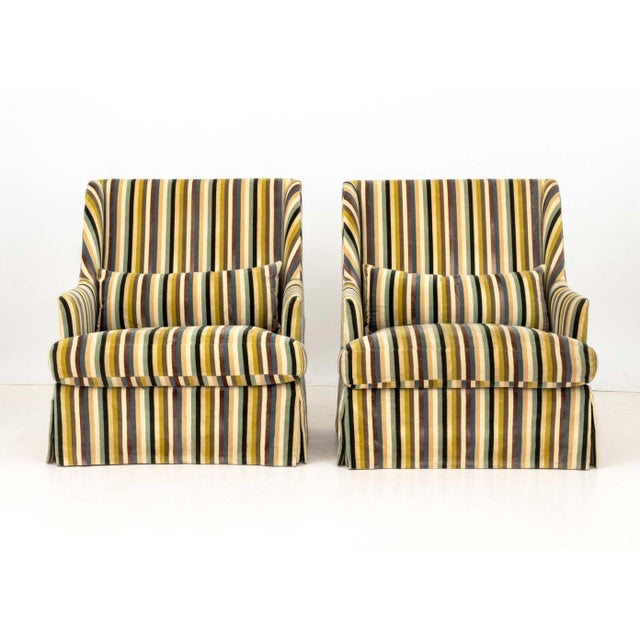 Pair of John Saladino "Tejas" Arm Chairs, with striped velvet upholstery, label to underside. 41" H x 36" W x 30" D; seat:...