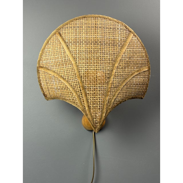Vintage Italian Rattan Wicker Pine and Brass Scallop Wall Sconces, 1970s, Set of 2 For Sale - Image 12 of 18