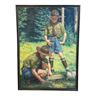Early 20th Century Large Signed Oil on Canvas Painting by Alfred Waagner – Two Scouts in an Alpine Meadow. For Sale