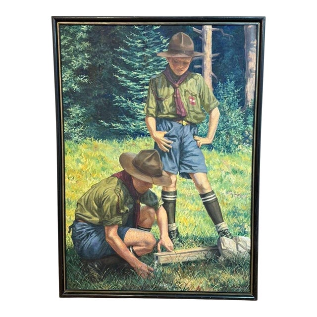 Early 20th Century Large Signed Oil on Canvas Painting by Alfred Waagner – Two Scouts in an Alpine Meadow. For Sale