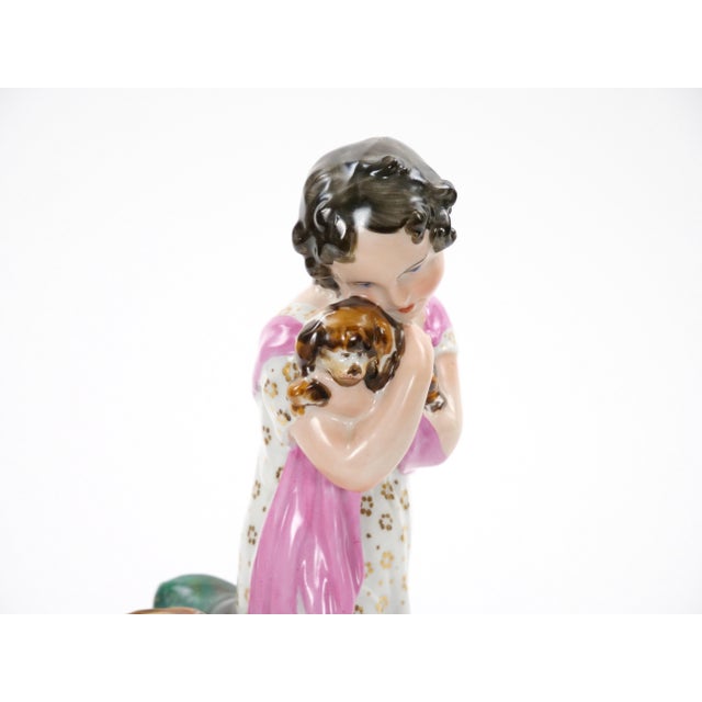 Traditional Antique Austrian Vienna Porcelain Sculpture of a Young Girl Holding Her Dog For Sale - Image 3 of 10