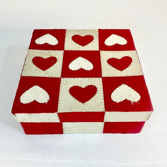 Vintage Boho Chic Arts & Crafts Valentines Checkered Heart Box For Sale - Image 6 of 8