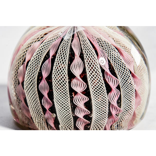 1940s Lovely Vintage Murano Italy Fratelli Toso Latticino Ribbon Glass Paperweight Pink White Blue Art Glass Home Decor For Sale - Image 5 of 9