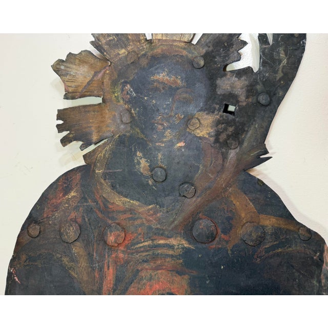 Huge Antique Hand Painted 17th Century Copper Wrought Iron Religious Sign Statue For Sale - Image 14 of 18
