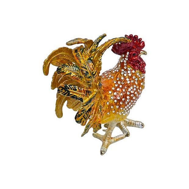 A vintage Keren Kopal Faberge Egg style rooster trinket box with hinged lid and Austrian and Swarovski crystals. The...
