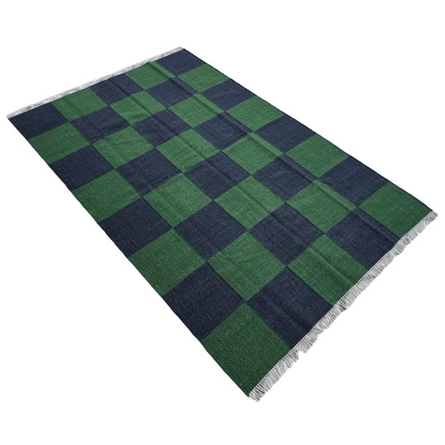 Handmade Woolen Flat Weave Rug, Forest Green and Greyish Blue Checker Board Dhurrie - 5'x8' For Sale - Image 6 of 12