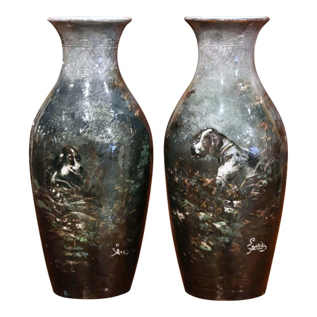 19th Century French Saint Amand Painted Ceramic Vases With Dog Motifs by Petit For Sale