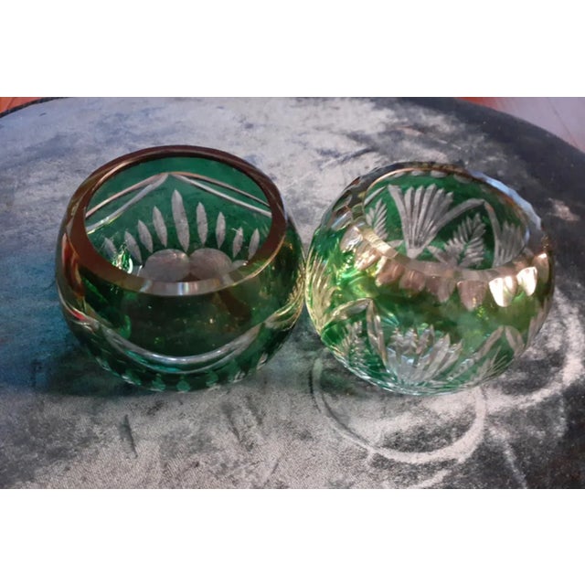 Emerald 1980s Bohemia Czech Pair of Emerald Green Cut to Clear Votive Holders - a Pair For Sale - Image 8 of 8