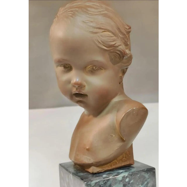 Stone Vintage French Terracotta Bust of a Child on Marble Plinth For Sale - Image 7 of 12