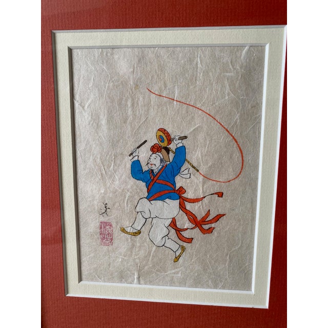 Red 1970s Framed Double Matted Rice Paper Prints of Asian Musicians With Drums Musical Instruments Stamped Signature For Sale - Image 8 of 12