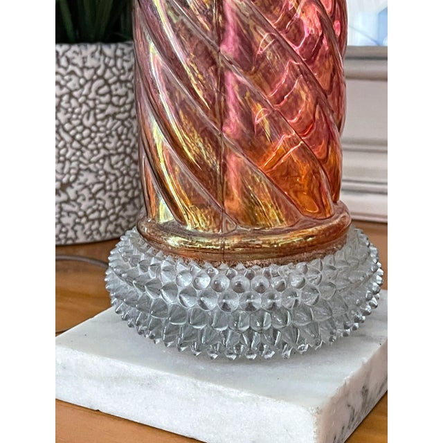 Vintage Pink Iridescent Spiral Column and Clear Hobnail Glass Table Lamp With Marble Base For Sale - Image 10 of 13