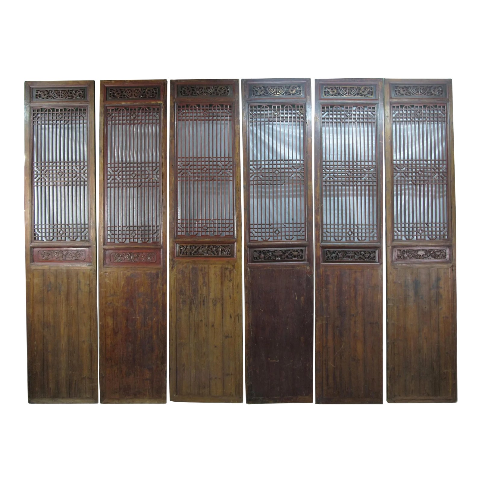 Monumental 11 Feet Tall Antique Chinese Screen Panel Door Set of 6