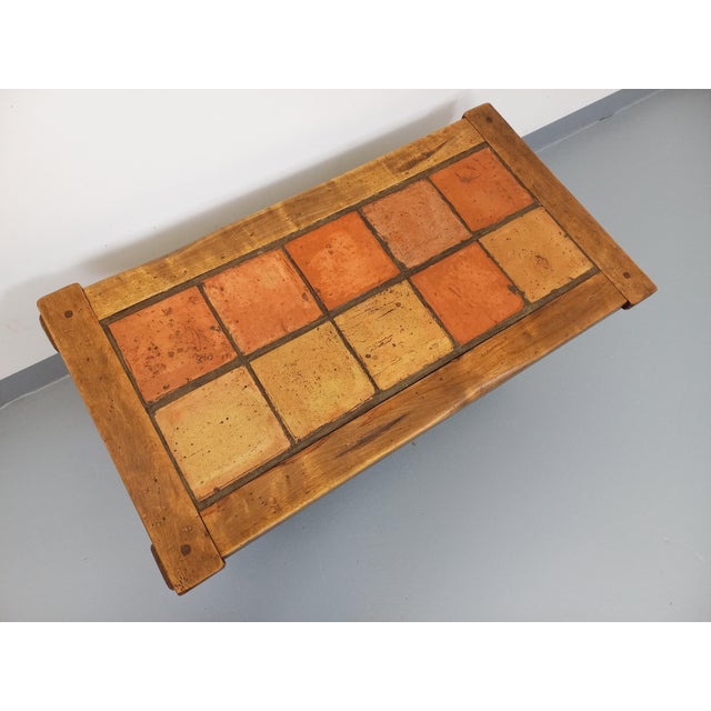Vintage Brutalist Rectangular Coffee Table in Oak and Ceramic, 1970s For Sale - Image 3 of 17