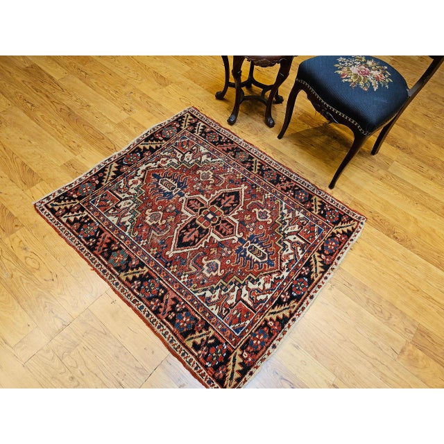 Red Vintage Persian Heriz Serapi Rug, Hand-Knotted Wool, Geometric Pattern, Brick-Red & Ivory, 4x4 For Sale - Image 8 of 18