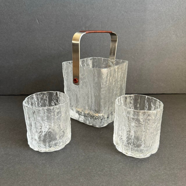 Mid-Century Modern Mid Century Hoya Ice Bucket & Rocks Glasses MCM Frosted Glass Ice Cube Barware Set of 3 For Sale - Image 3 of 12