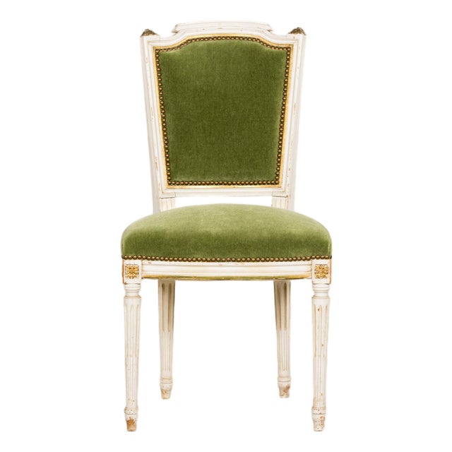 Antique French Louis XVI Style Painted Accent Chair in Moss Green Mohair For Sale