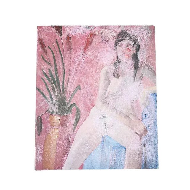 A gorgeous nude painting of a woman in pink. This piece features a woman in the buff, lounging upon a blue chair. She has...
