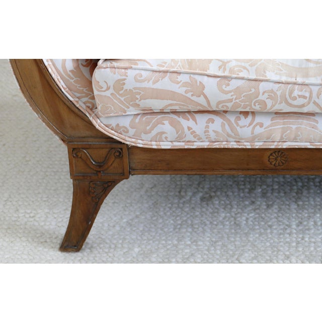 Antique Chaise Longue Upholstered in Fortuny Fabric W/ Carved Wood