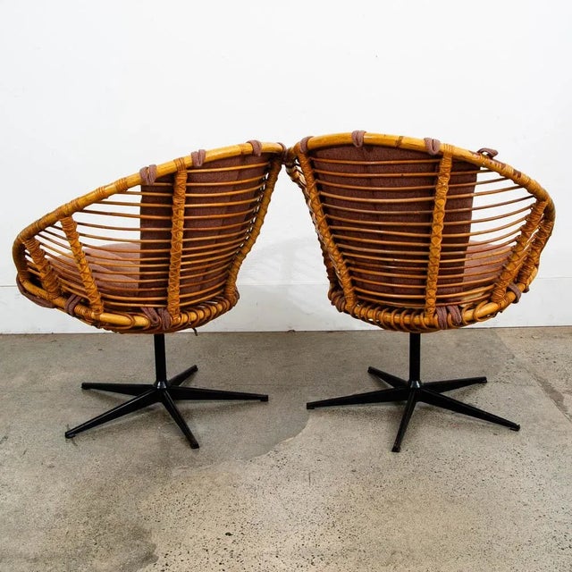 Mid-Century Modern 1960s Mid Century Modern Lounge Chair Set Black Swivel Rattan Pink Rose Fabric Denmark For Sale - Image 3 of 11