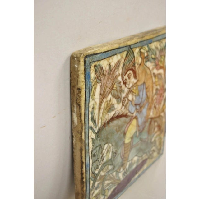 Ceramic Antique Persian Iznik Qajar Style Ceramic Pottery Square Tile Hunter & Horse C4 For Sale - Image 7 of 10