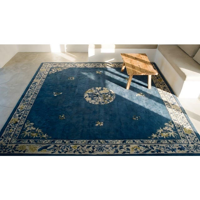 Beautiful Navy Background Color With Exquisite Floral-Medallion Design Antique Chinese Peking Rug For Sale - Image 15 of 15
