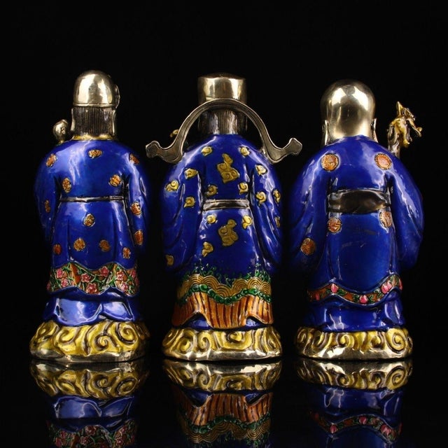Traditional Late 19th Century Set of 3 Gilt Bronze and Enamel Fu Lu Shou Statues, 1.8kg Each For Sale - Image 3 of 9