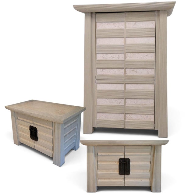 Striking 1980s Postmodern bedroom or media suite comprising an Asian-inspired armoire and matching pair of nightstands,...
