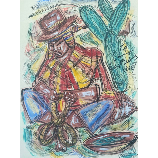 Pair of Vintage 1960s Latin American Watercolors of Dancers in Native Costumes For Sale - Image 11 of 12